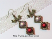 1 kit boucle d'oreille perles magique rouge et violet / cadre à perles carré bronze et breloque noeud 