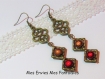 1 kit boucle d'oreille perles magique rouge et marron / cadre à perles carré bronze et breloque celte 