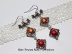 1 kit boucle d'oreille perles magique / cadre à perles carré argenté rouge / marron connecteurs noeud 
