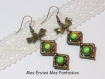 1 kit boucle d'oreille perles magique vert - vert jaune / cadre à perles carré bronze et breloque noeud 