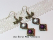 1 kit boucle d'oreille perles magique violet et bleu / cadre à perles carré bronze et breloque noeud 