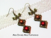 1 kit boucle d'oreille perles magique rouge et marron / cadre à perles carré bronze et breloque noeud 