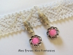 1 kit boucle d'oreille rose : perles métal argenté gravé fleurs, cage a perles fleur et perles imitation jade 