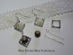 1 kit boucle d'oreille perles millefiori / cadre à perles carré argenté noir / blanc 