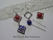 1 kit boucle d'oreille perles millefiori / cadre à perles carré argenté rouge / bleu 