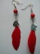 Boucles d'oreille plume rouge perle strass et breloque main 