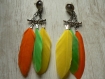 Boucles d'oreilles 3 plumes orange verte et jaune 