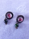 B807 - boucles d'oreilles en métal de couleur bronze avec un cabochon en verre motifs fleuris et une perle en acrylique verte 