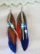 B694- boucles d'oreilles en métal argenté de style ethnique avec une plume bleu foncé 