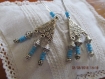 B215- magnifiques boucles d'oreilles de style ethnique en métal argenté avec un connecteur triangulaire et perles bleues turquoise 