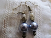 B395- magnifiques boucles d'oreilles de style romantique en métal de couleur bronze avec une perle en verre nacrée bleue 