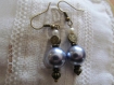 B395- magnifiques boucles d'oreilles de style romantique en métal de couleur bronze avec une perle en verre nacrée bleue 