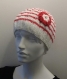 Bonnet rouge et blanc avec fleur - tour de tête 56 cm environ 