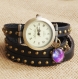 Montre bracelet trois tours cuir tressé et pendentif espace montre bracelet en cuir coloris noir personnalisable 