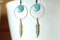 Boucles d'oreilles plume bronze, anneau et sequin bleu 