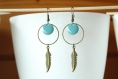 Boucles d'oreilles plume bronze, anneau et sequin bleu 