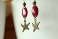Boucle d'oreille bronze sequin rose framboise et étoile de mer 