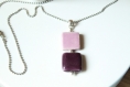 Collier perles céramiques carré rose et violet prune 