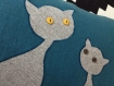 Coussin chats en lin, rectangulaire, bleu et gris 