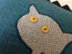Coussin chat en lin, carré, bleu et gris, 