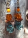 Boucles d'oreilles croix grecque mykonos, et perles tchèques, bohème, rustique, lumineuses, orange et bleu/vert-de-gris 