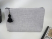 Pochette /trousse lin gris-pompon noir 