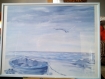 Peinture acrylique d'un paysage de mer aux tons bleutés avec un cadre blanc 