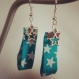 Boucles d'oreilles fantaisie pendantes dormeuses métal argenté en tissu liberty couleur bleue étoile blanche 