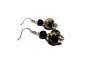 Boucles d'oreilles rétro, perles noires motifs dorés 