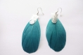 Boucles d'oreilles pendantes plumes vertes avec estampes feuilles argentées. 