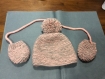 Bonnet et mouffles enfants laine rose et taupe 
