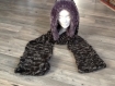 Écharpe capuche laine noir chiné et laine imitation fourrure grise fait main 