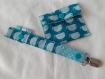 Attache-tétine en tissus avec pression et attache type bretelle - tissus baleine et pois bleu turquoise 