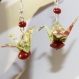 Boucles d'oreilles en origami en forme de grues verte, à fleurs orange et rouge 