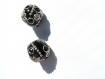 2 perles indonésiennes noires et argentées à strass 15 mm 