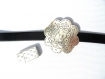 Kit bracelet cuir noir 10 mm fleur argentée fermoir magnétique 