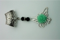 Bijoux de foulard argenté papillon perles verre noires fleur résine vert d'eau 