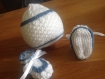 Bonnet bébé et chaussons bleu denim et blanc layette taille 3 mois 