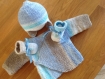 Brassière bébé bonnet et chaussons layette bleu beige 