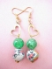 Boucles d'oreilles perles polymere fleuries et verre vert