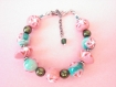 Parure bracelet/boucle d'oreille rose et vert fleuri en pate polymere