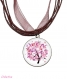 Collier organza marron avec cabochon synthétique * arbre fleuri rose * 
