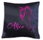 Coussin en satin noir motif cheval glitter paillettes bleu ou rose au choix personnalisable réf 07 