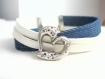 Bracelet ethnique manchette en jean bleu et cuir blanc coeur 