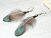 Boucles d'oreilles country plumes ethniques vert canard 