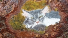 Peinture animalière : super belle planche où un gentil petit chat se repose 
