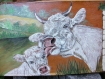 Peinture animalière sur bois : petit veau et sa maman - 