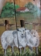 Peinture sur bois : deux jolis moutons devant un paysage campagnard