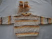 Pull layette 3 mois garçon, blanc orange jaune et marron, tricot fait main 