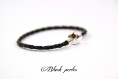 Bracelet style pandora en cuir tressé noir, 17cm, pour perle à grand trou, fermoir à clip- b14